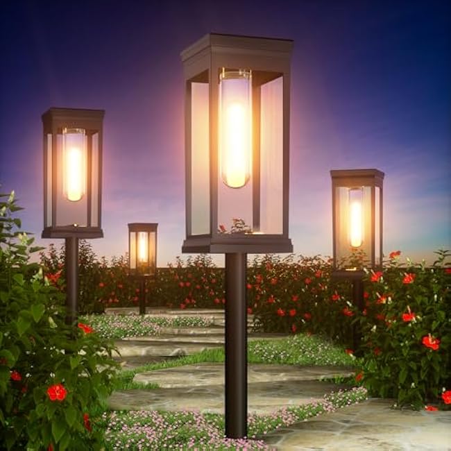 8 Pack Solar Pathway Lights, IP65 Waterproof Solar Stake Lights with Auto On/Off, Warm White LED for Garden, Yard, Driveway, Walkway, Patio - Outdoor Landscape Lighting