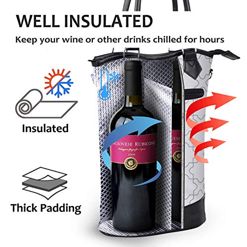 Tirrinia Insulated Wine Gift Carrier Tote - Travel Padded 2 Bottle Wine/Champagne Cooler Bag With Handle And Adjustable Shoulder Strap, Great Wine Lover Gift, White #TOP1