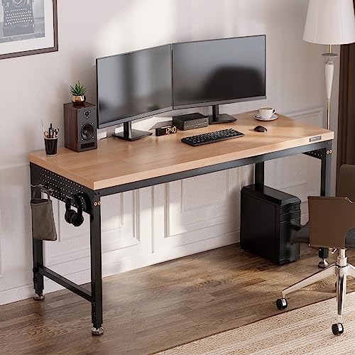 VEVOR Adjustable Workbench, 60" L X 22" W Garage Worktable with Universal Wheels, 28-39.5" Heights & 2000 LBS Load Capacity, with Power Outlets & Hardwood Top & Storage & Foot Pads, for Office Home