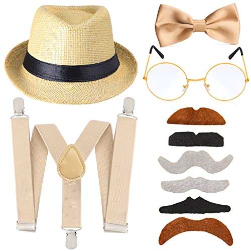 Beelittle 1920s Boys Old Man Costume 52cm Fedora Hat Suspenders Bow Tie Set Adjustable Y Back(G)