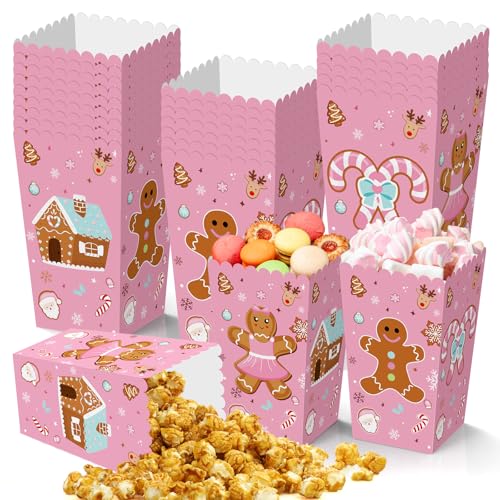 Image of K KUMEED 24 PCS Christmas Popcorn Favor Boxes,Pink Gingerbread Man Christmas Party Supplies,Cute Candy House Popcorn Bowls Popcorn Buckets Popcorn Bags for Kids Christmas Party Decorations