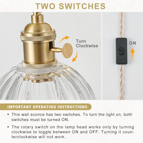 Image of Plug in Wall Sconces Set of 2, Vintage Wall Sconce Light with Tulip Transparent Glass Lampshade, Bedroom Wall Sconce with Switch and Plug in wall lamp Cord, Gold Wall Light Wall Decor Set of 2
