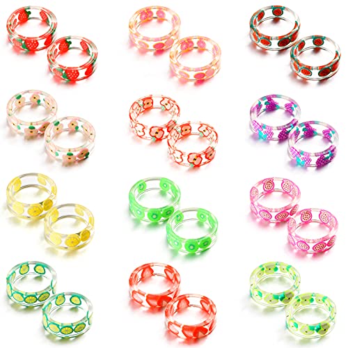 24 Pieces Resin Fruit Rings Set Cute Finger Rings Plastic Resin Ring Colorful Rings Fruit Ring Jewelry for Women and Teen Girl
