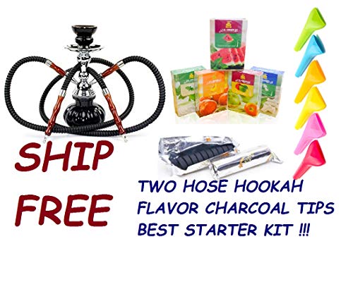 2 Hose Hookah Glass Water Pipe Vase Nargila with charcoal Al fakher flavor
