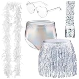 Toulite Set of 5 Women Sequin Fringe Skirt Belly Dance Hip Scarf Metallic Dance Shorts Rave Feather Boas Heart Sunglasses(Silver, Large)