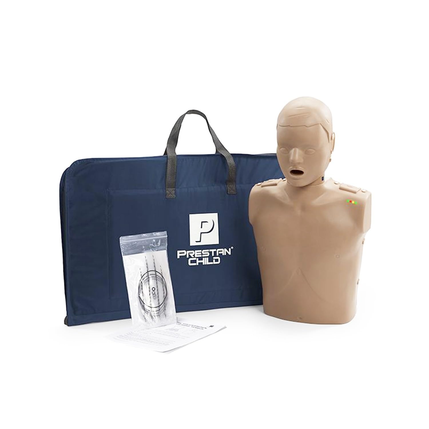 PRESTAN maniquí profesional de entrenamiento RCP infantil con monitor de ritmo de RCP | Tono de piel medio | Rasgos infantiles | Incluye 10 bolsas pulmonares con protector facial y bolsa de transport