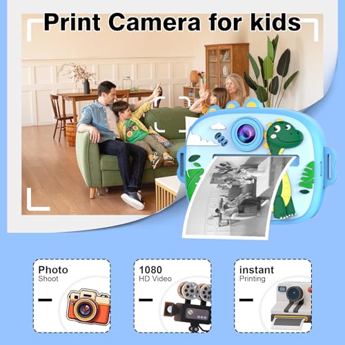 Image of Kids Camera with Instant Print, Front & Rear Dual Cameras, Portable Travel Digital Toy, Birthday for Girls & Boys Ages 3-12 (32GB SD Card) Blue