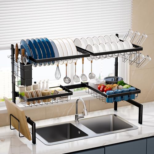 Levede Over the Sink Drainer Rack 2-Tier Expandable Draining Rack 66-85cm Large Kitchen Dish Drainers with 4 Basket Space-Saving Kitchen Counter Shelf Organiser