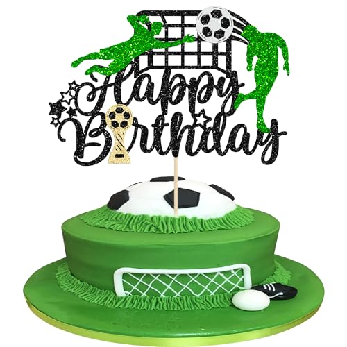 1Pcs Soccer Happy Birthday Cake Topper Glitter Happy Birthday Sign Football Player Cake Pick Decorations for Sport Theme Man Boy Girl Party Decoration Supplies Black