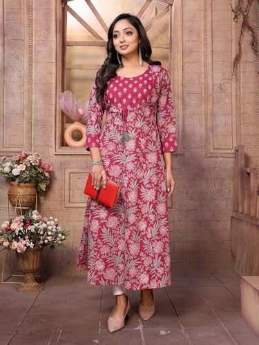 Image of rangita Women's Cotton Relaxed Fit Anarkali Embroide Calf Length Kurti | Kurta