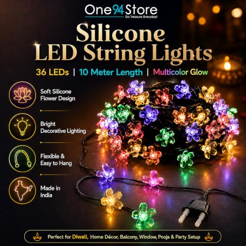 Image of One94Store 36 Feet Silicone Cherry Blossom Flower LED Fairy String Lights (36 LEDs) for Diwali Decoration, Home Decor, Window, Balcony, Pooja, Wedding, Christmas & Party, Multicolor | Made in India