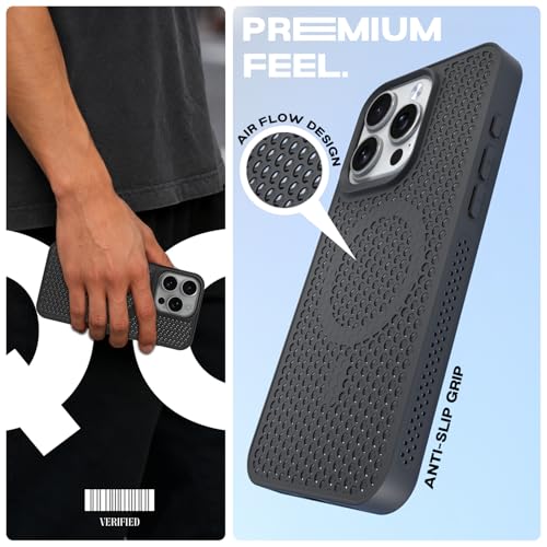 Image of Outlouders Back Cover for iPhone 16 Pro Max | Honeycomb Cooling Design | Silicone Heat Dissipation | Mag-Safe Compatible | Shockproof Camera Protection Bumper Case (Black Mag-Safe)