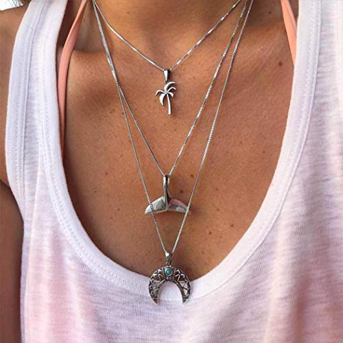 Preisvergleich Produktbild Ushiny Boho Layered Moon Choker Halskette Türkis Halsketten Fischschwanz Anhänger Modeschmuck Kette für Damen und Mädchen (Silber)