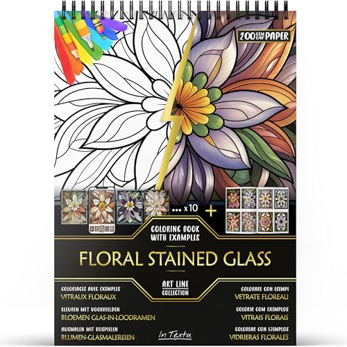 In Textu – Vetrate Floreali – Libro da Colorare per Adulti e Adolescenti con Esempi Colorati Ispiratori – Carta Premium 200 g/m² – Rilegatura a Spirale Sottile – Quaderno da Colorare Rilassante