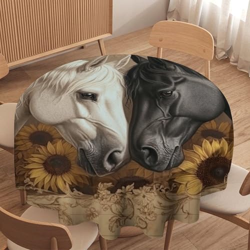 asbwuo Mantel Redondo Vintage con diseño de Caballos, Lavable, con Girasoles y Valla, Ideal para Cocina, Comedor, Exteriores y decoración navideña. 178 cm (70 Pulgadas).