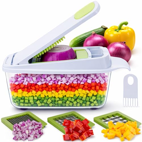 Brieftons QuickPush Food Chopper: Strongest & 200% More Container Capacity, 30% Heavier Duty, For Onion, Fruit and Vegetable Chopping, with 3 Dicer Cutter Blades, Keep-Fresh Lid, and 5 Recipe Ebooks