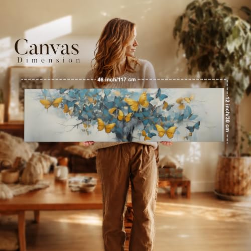 Image of Large Stretched Canvas Painting, Panel Wall Painting Abstract Tree with Yellow Butterfly Luxury Paintings for Home Decoration, Living room, Bedroom and Office Decor (Sky Blue, 12x46 Inch)
