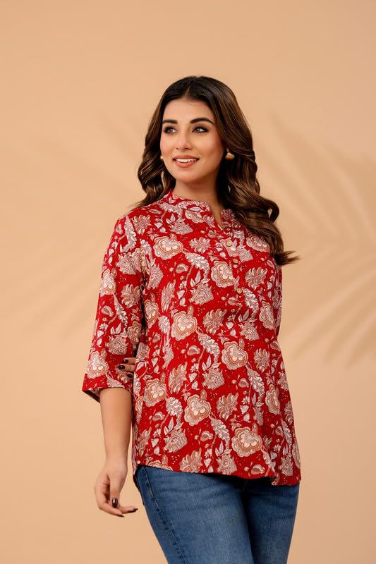 Image of Women's Cotton Printed Kurta Top | 3 /4 Sleeve Straight Kurti Casual Outings