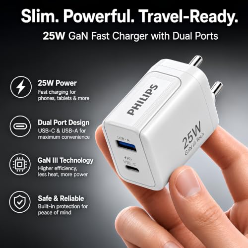 Image of Philips DLP4321NW /94 Gen III Tech 25W Fast Charging Wall Charger (Alba White) | USB-C PD + USB-A | 2-Port Multi-Device Charger for Smartphone, Tablet, Earbuds & Accessories | Compact Travel Adapter