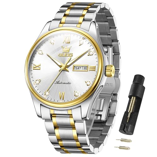 Image of OLEVS Automatic Watches for Men Self Winding Mechanical Classic Diamond Business Luxury Dress Stainless Steel Waterproof Calendar Mens Watch