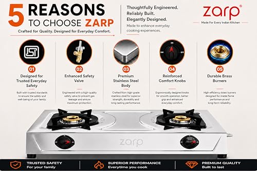 Image of ZARP 2 Burner Stainless Steel Gas Stove | ISI Certified Manual Ignition LPG Stove | Brass Burners with Pan Support | Durable Steel Body for Indian Kitchens | LPG gas chulha | 635x345 mm