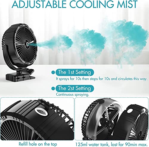 Kitwlemen 8 Inch Misting Fan With Clip, 10000Mah Rechargeable Battery Powered, Personal Air Cooling Fan, 3 Speeds & 360° Rotatable Spray Fan With Foldable Hook For Home Office Camping Travel Jobsite #TOP1