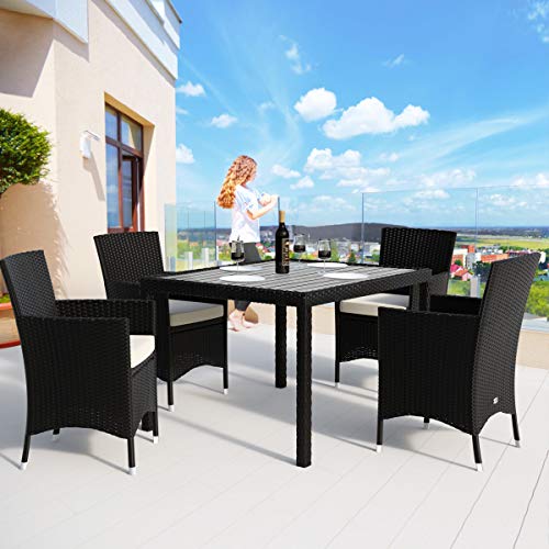 Deuba Poly Rattan Garden Dining Table Chairs Set Furniture WPC Tabletop