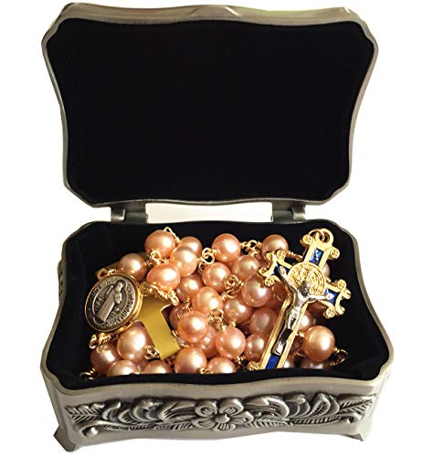 elegantmedical Pink 8mm Real Pearl BEADS St. Benedict GOLD ROSARY CROSS Necklace & box Catholic GIFTS
