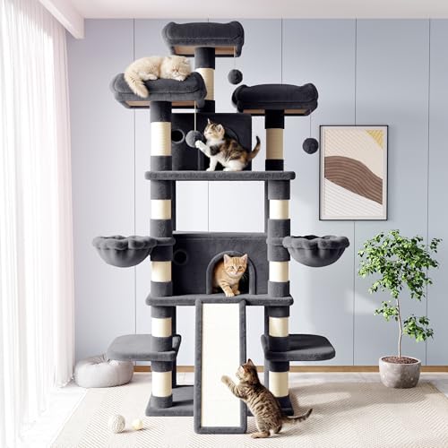 Image of Allewie 82 Inches Large Cat Tree /House /XXL Tall Cat Towers for Big Feline /Scratching Post /Multi-Level Large Kitty Climbing Tree with Condo /Smokey Grey