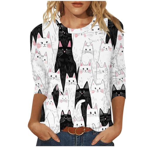 Cat Lover T-Shirt Women's 3/4 Sleeve Tops Fashion Cute Cats Print Blouses Funny Graphic Crewneck Tees Junior Clothes D-White