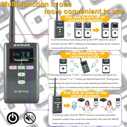 Sistema inalámbrico para guías turísticos EXMAX EX-100 Plus 72 MHz con micrófono para auriculares, para interpretación en iglesias, capacitación, conferencias y enseñanza (1 transmisor y 2 receptores) miniatura 6