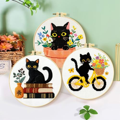 Image of Zhenqing 3-Piece Black Cat Cross Stitch Kit for Beginners - Complete Set with Pre-Printed 11CT 24x24cm Fabric, Hoop, Threads & Tools (3 Adorable Cat Designs)(70403)