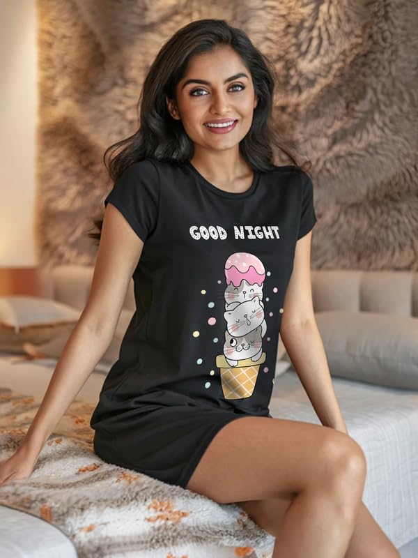 Image of Fflirtygo Women's Cotton Nighty | Printed Knee Length Night Gown |Relaxed Fit Nightwear |Short Nightdress| Long T-Shirt | Sleepwear & Casual Wear Nighty (Pack of 2)