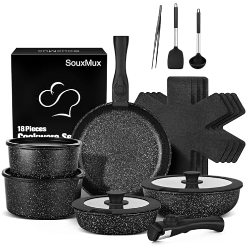 18 Pcs Nonstick Pots and Pans Set with Detachable Handle, Induction Compatible Oven Safe RV Cookware Set, No PFOA (BLACK)