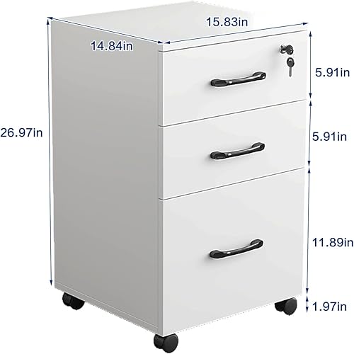 Miniatura 3 de Archivador móvil de 3 cajones con cerradura, gabinete de llenado vertical blanco sobre ruedas, pequeño archivador rodante, gabinete debajo del
