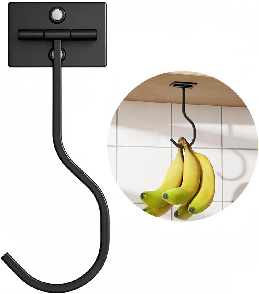 bussdis Under Cabinet Banana Hook Foldable - Adhesive Bananas Hanger, Heavy Duty Stainless Banana Holder (13lb), Magnetic Fold-Up When Not in Use, Premium Material, Black - $7.99