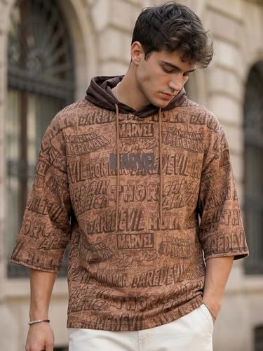 Image of Bewakoof Official Marvel Merchandise Men's All Over Printed Oversized Fit Extended Sleeve Hooded Pure Cotton T-Shirt