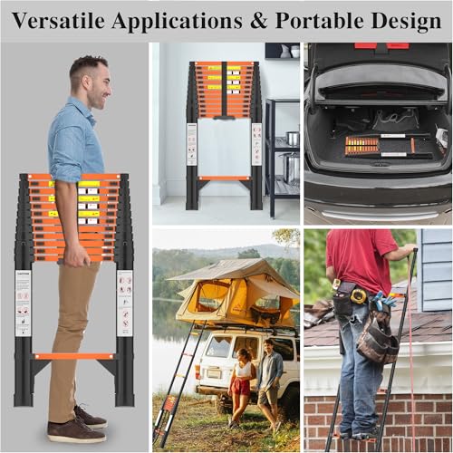 Image of Telescoping Ladder, 16.5 FT 330 Lbs Aluminum Extension Ladder, Black Orange | Telescopic, Collapsible & Adjustable, Compact Retractable Ladder for House, Roof, RV & Travel Trailer