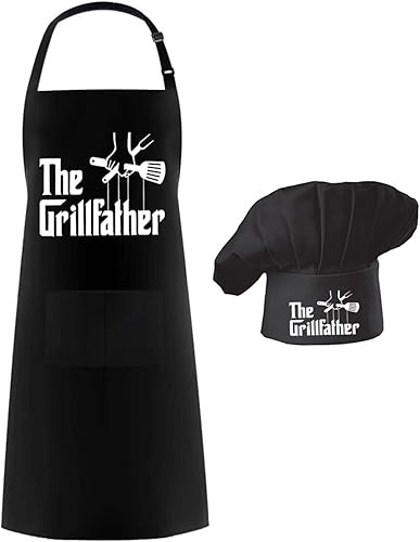 Miniatura 1 de Hyzrz Juego de sombrero de delantal de chef, The Grillfather, ajustable con bolsillo para papá, Mon Baker, barbacoa, parrilla, hombres y mujeres,