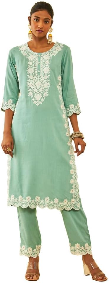 SochWomens Rayon Slub Floral Embroidered Kurta Set with Sequins
