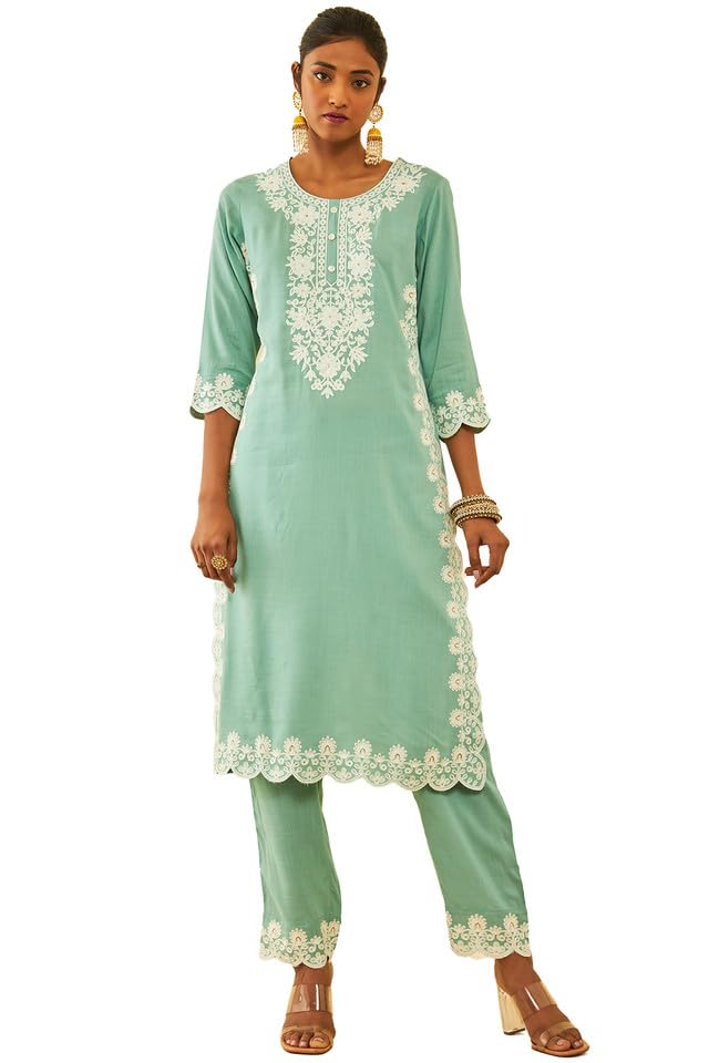 SochWomens Rayon Slub Floral Embroidered Kurta Set with Sequins