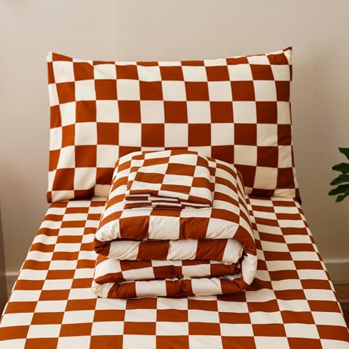 Image of CLOTHKNOW 4Pieces Brown Beige Plaid Toddler Bedding Sets for Boys Girls | Soft, All Season, Kids Comforter Set, Pumpkin Grid Comforter, Soft Crib Bed Sets