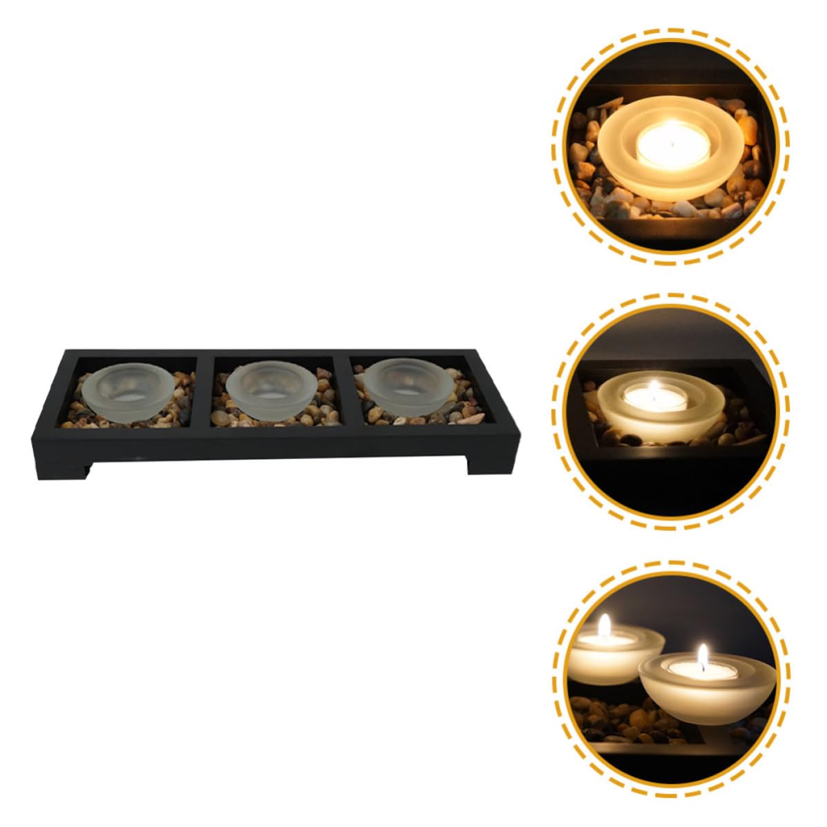 Portavelas de Vidrio Esmerilado para Té, Base de Madera Negra
