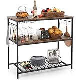 GOFLAME Kitchen Island with 3 Shelves, Industrial Kitchen Counter with Wine Glass Holders & 10 Hooks, 3 Tier Shelf with Heavy Duty Metal Frame for Dining Room, Rustic Brown + Black