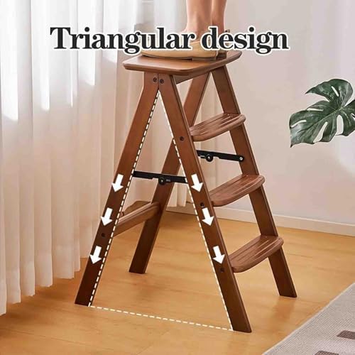 Foldable Wooden Step Stool, 3 Step Ladder, 2-in-1 Foot Stool and Display Shelf for Home and Kitchen