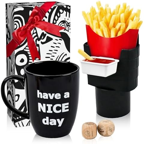 White Elephant Gifts for Adults, Funny Coffee Mug with Finger on the Bottom, French Fry Holder/Sauce Holder Set, Date Night Ideas Food Choice Dice, Gag Gifts Stocking Stuffers for Men Women - Black Cover