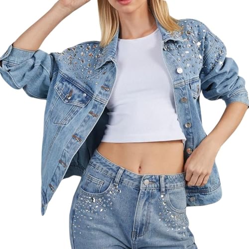 LifeShe Women's Rhinestone Denim Jacket Casual Long Sleeve Jeans Trucker Jacket Coat3