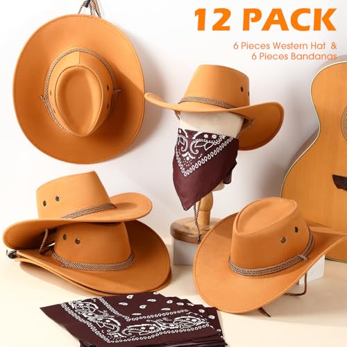 Image of Zhanmai 12 Pcs Cowboy Hat and Bandana Cowboy Cowgirl Hats Bulk Western Party Costume Halloween Accessory