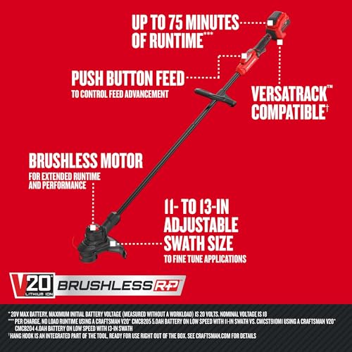 Image of CRAFTSMAN V20 RP Cordless String Trimmer and Lawn Edger Kit, Weed Wacker, Extended Run Time, Brushless High-Output Motor, 13 Inch Deck, 5.0Ah Battery & Charger Included (CMCST930P1)