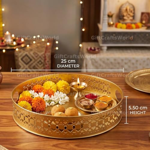Image of Multipurpose Metal Basket For Gift Hamper, Pooja Temple Storage With Sturdy Handle, Decorative Flower Organizer & Versatile Puja Utility Accessories Home Decoration (Round Tray)